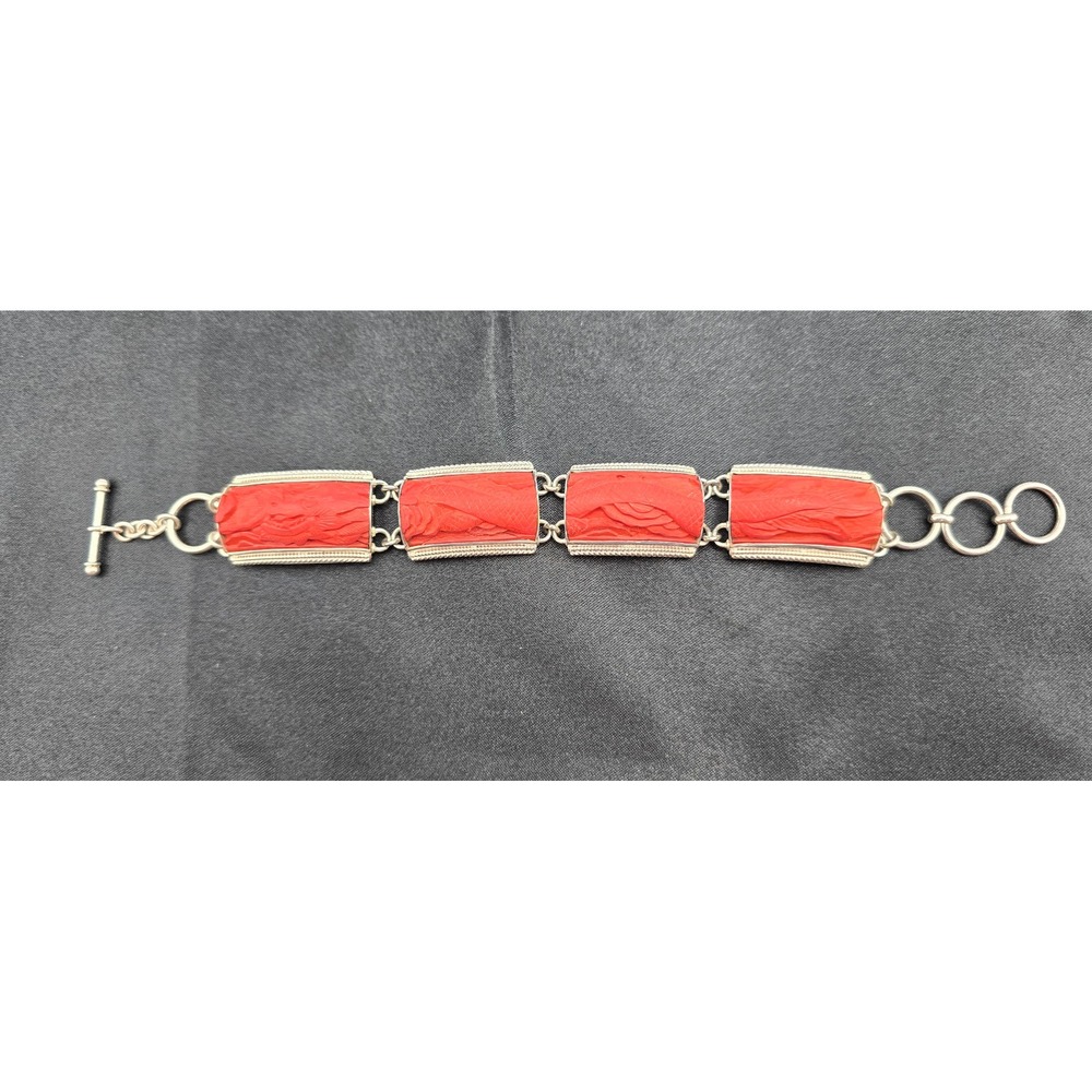 Sajen Cinnabar Sterling Silver Bracelet Womens 8.5 Red Excellent Carved‎ Dragon
